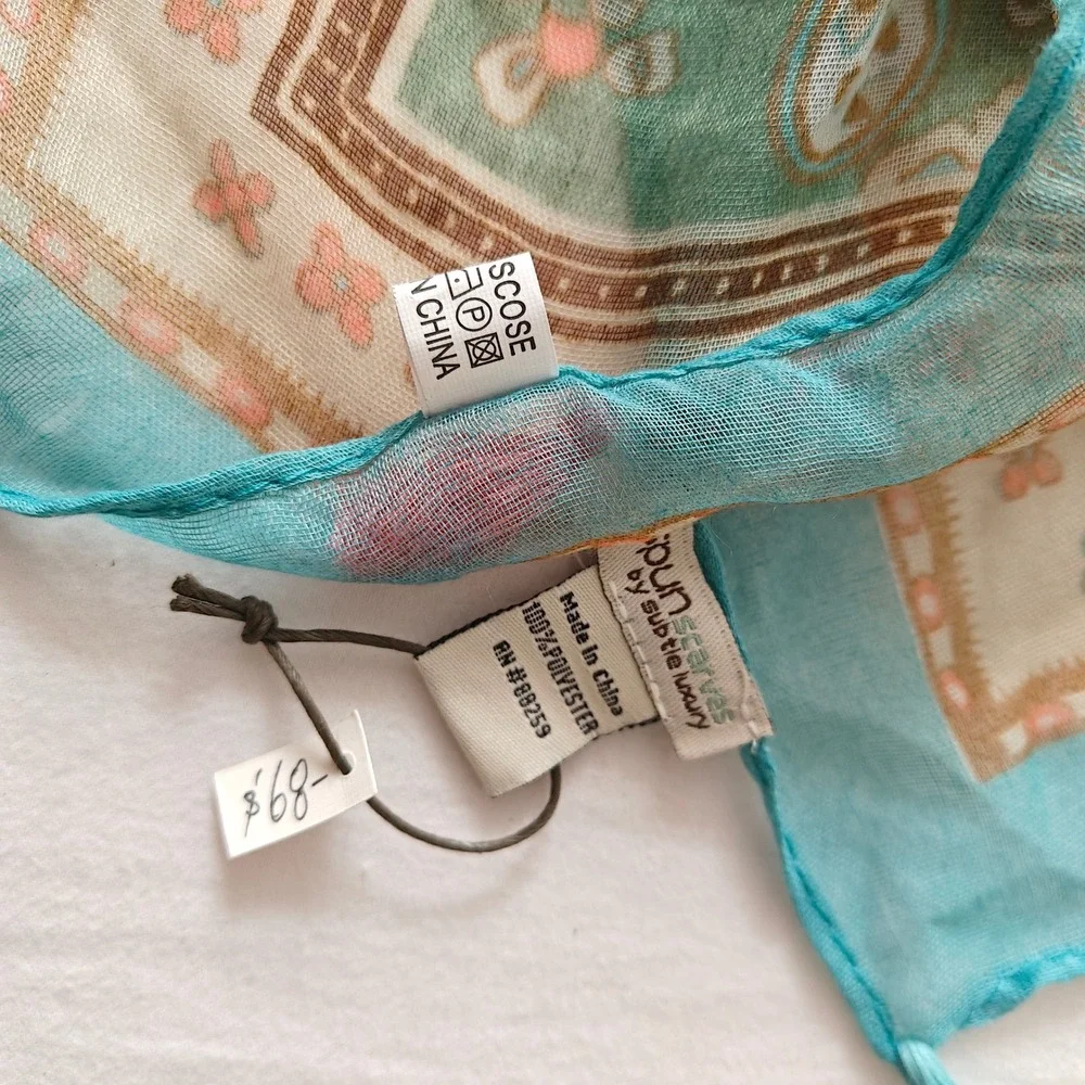 Spun by Subtle Luxury Teal Salmon Pink Paisley Tassel Square Scarf Bohemian